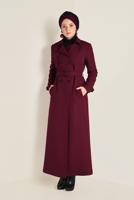 Hijab clothing CLARET RED BELTED BUTTONED TOPCOAT 1342 