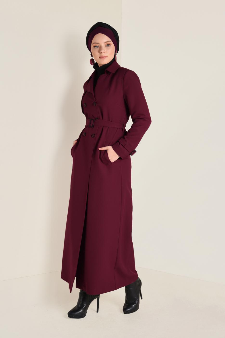 Hijab clothing CLARET RED BELTED BUTTONED TOPCOAT 1342 