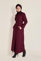 Hijab clothing CLARET RED BELTED BUTTONED TOPCOAT 1342 