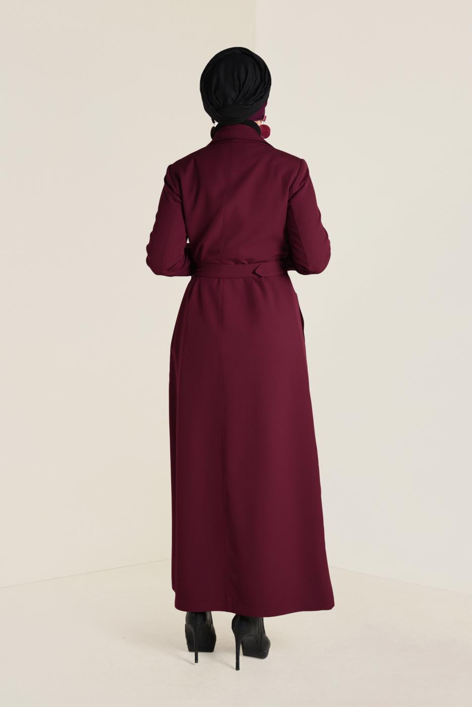 Hijab clothing CLARET RED BELTED BUTTONED TOPCOAT 1342 