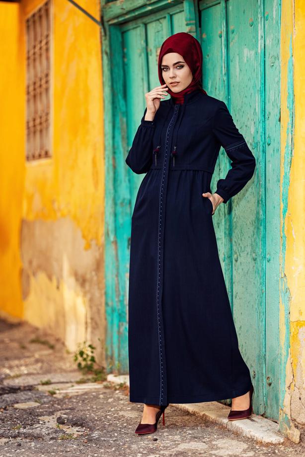 Tesettür giyim LACİVERT İŞLEME DETAYLI GİZLİ DÜĞMELİ PARDESÜ 1343 - TRENDTESETTÜR