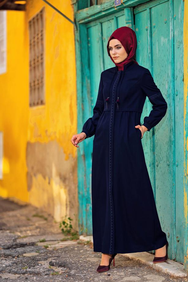 Tesettür giyim LACİVERT İŞLEME DETAYLI GİZLİ DÜĞMELİ PARDESÜ 1343 - TRENDTESETTÜR