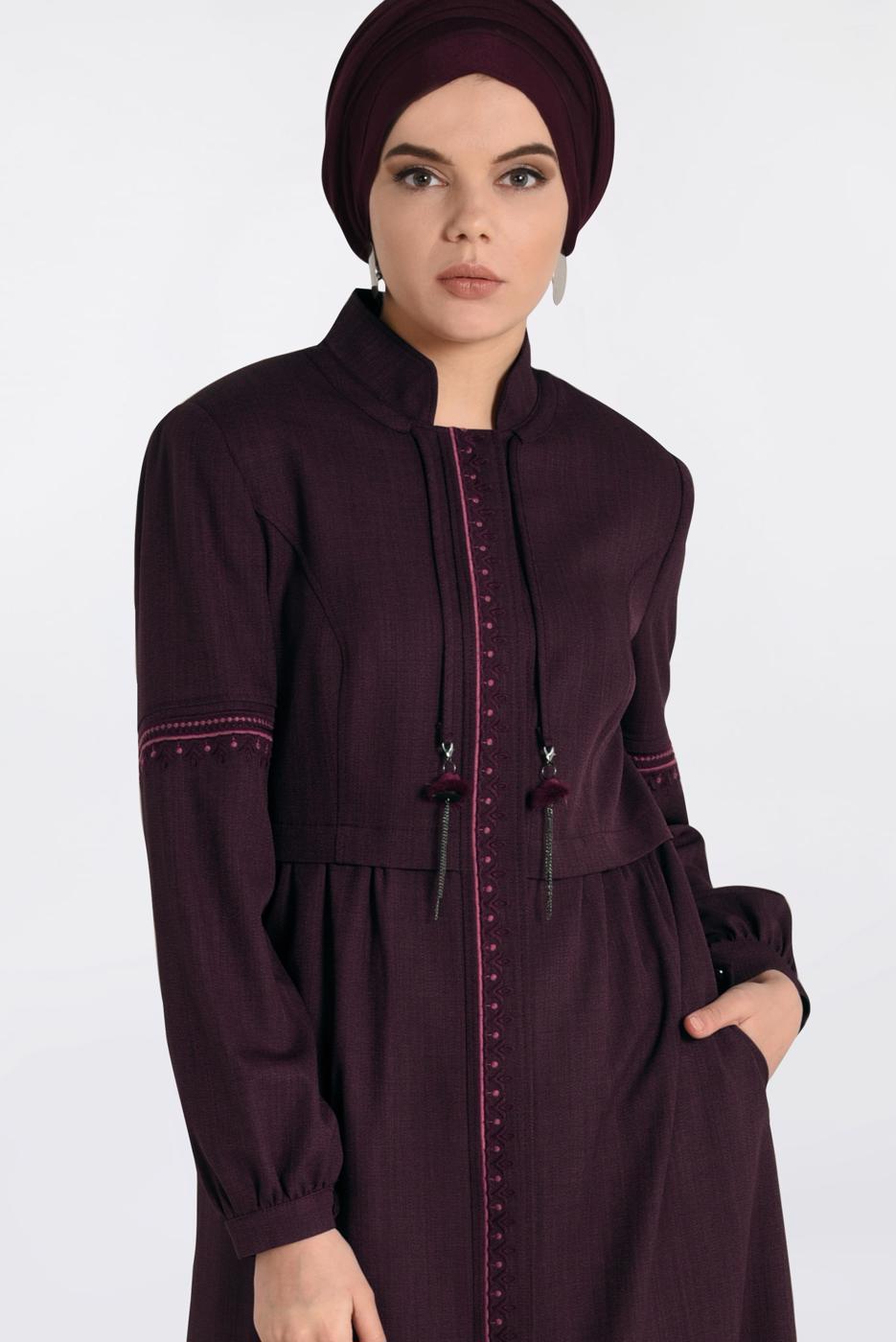 Hijab clothing PLUM EMBROIDERED HIDDEN BUTTONED TOPCOAT 1343