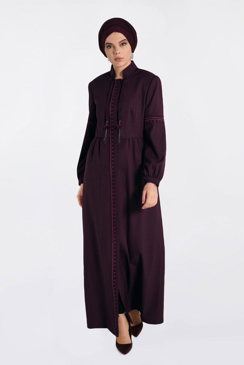 Hijab clothing PLUM EMBROIDERED HIDDEN BUTTONED TOPCOAT 1343