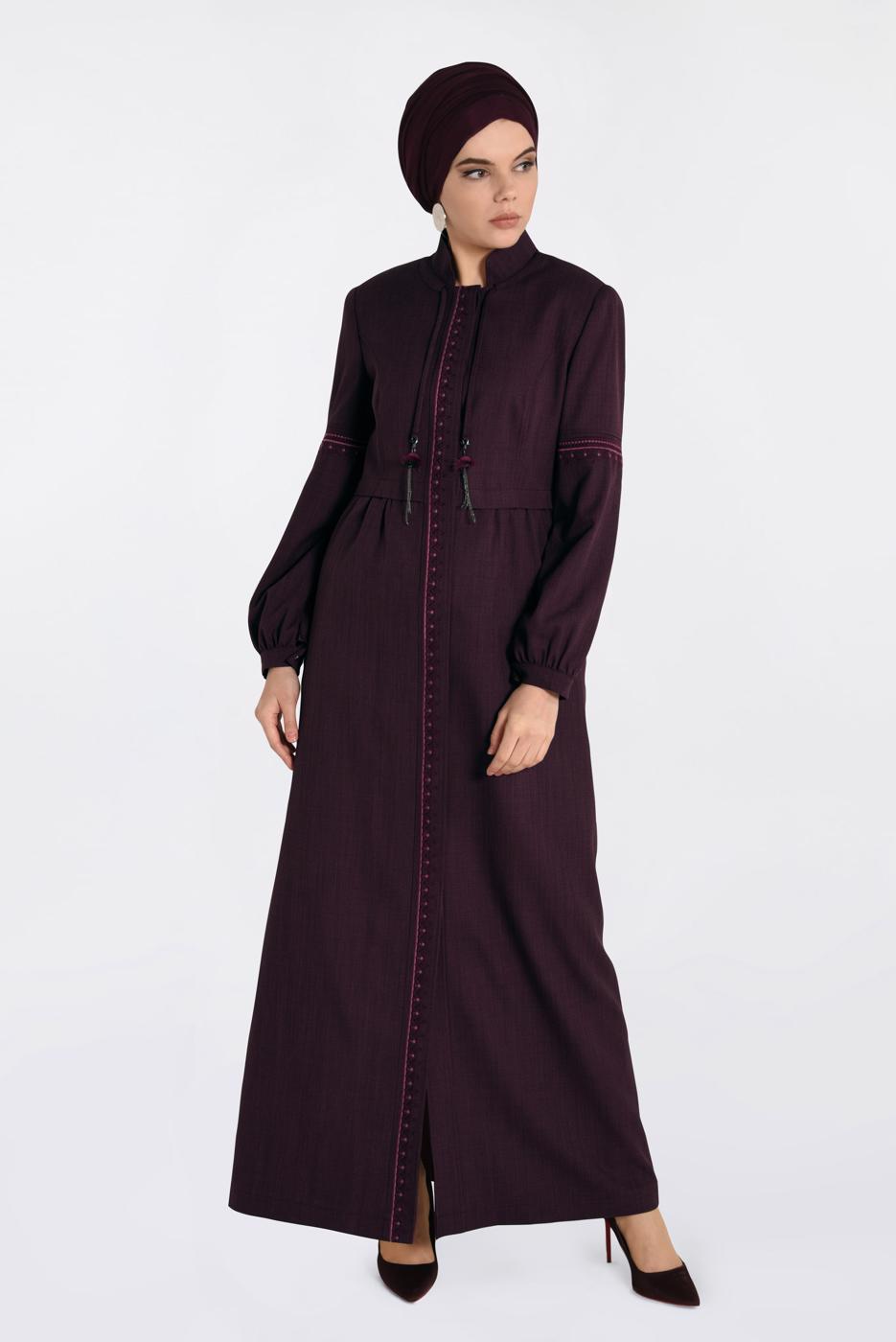 Hijab clothing PLUM EMBROIDERED HIDDEN BUTTONED TOPCOAT 1343