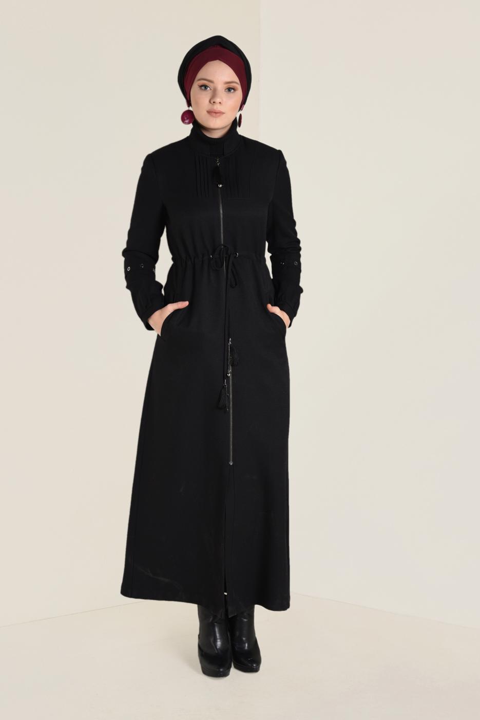 Tesettür giyim SİYAH HAKİM YAKA FERMUARLI PARDESÜ 1344 