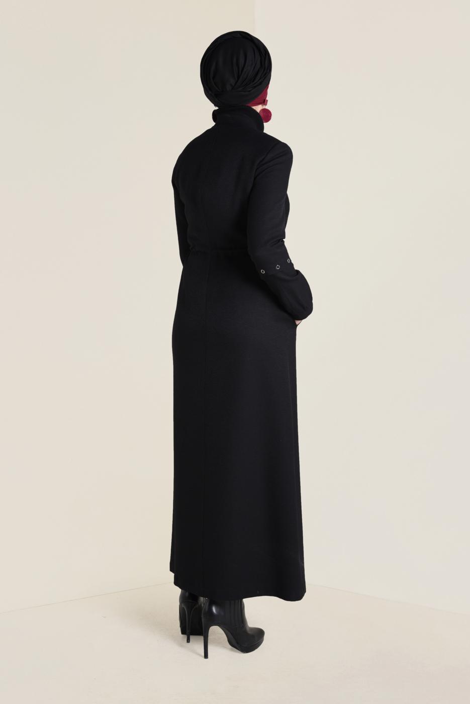 Tesettür giyim SİYAH HAKİM YAKA FERMUARLI PARDESÜ 1344 