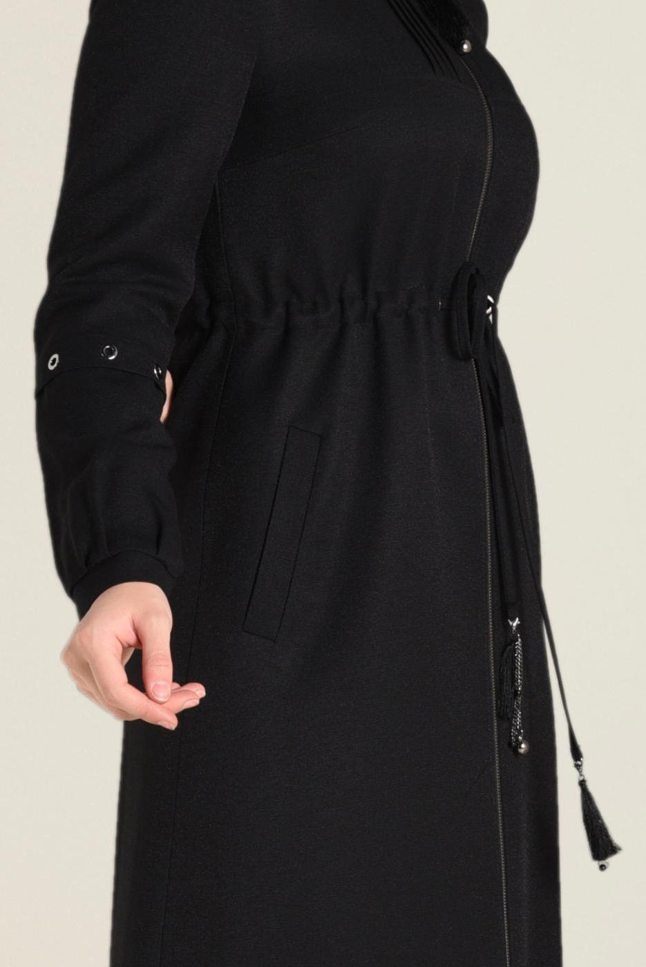 Tesettür giyim SİYAH HAKİM YAKA FERMUARLI PARDESÜ 1344 