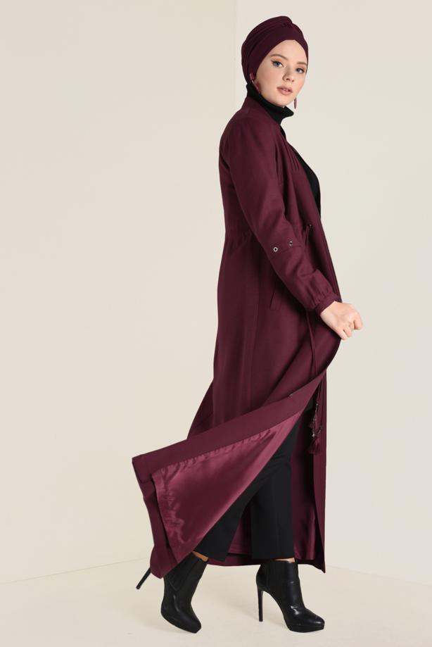 Hijab clothing CLARET RED MANDARIN COLLAR ZIPPED TOPCOAT 1344 - TRENDTESETTÜR