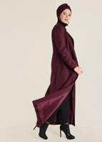 Hijab clothing CLARET RED MANDARIN COLLAR ZIPPED TOPCOAT 1344