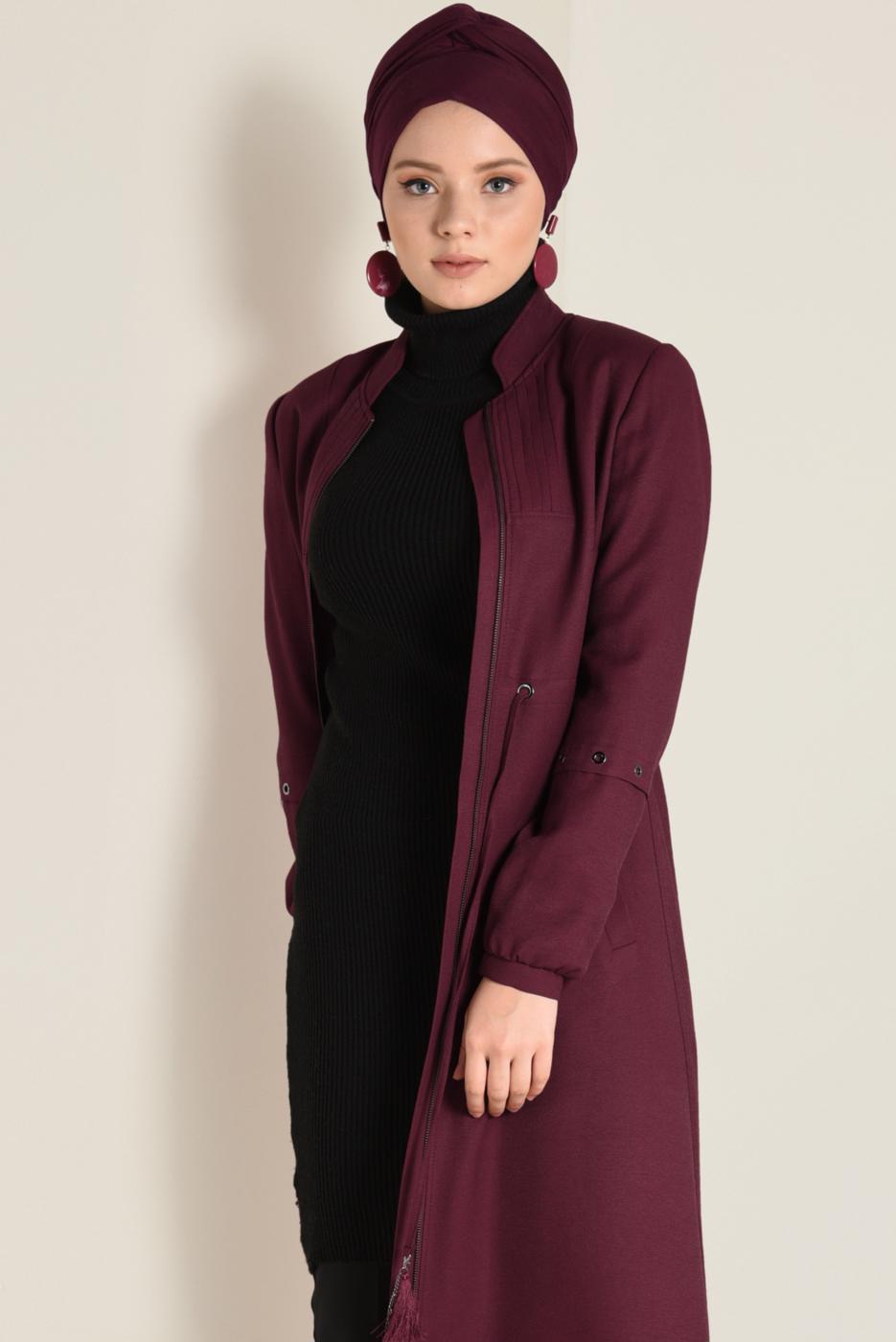 Hijab clothing CLARET RED MANDARIN COLLAR ZIPPED TOPCOAT 1344