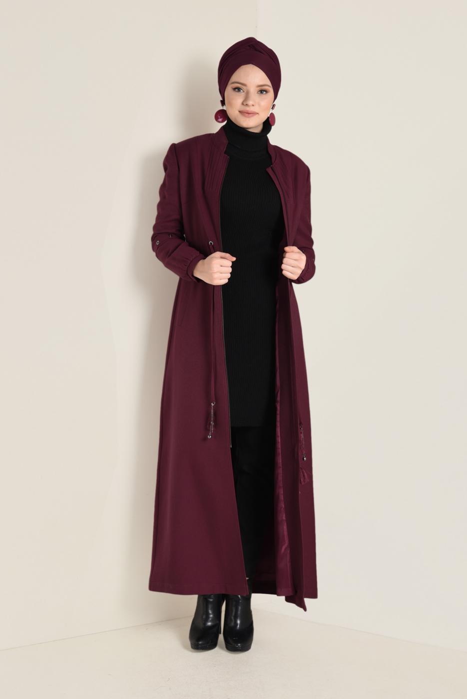 Hijab clothing CLARET RED MANDARIN COLLAR ZIPPED TOPCOAT 1344