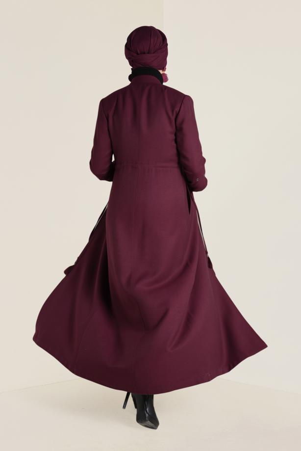 Hijab clothing CLARET RED MANDARIN COLLAR ZIPPED TOPCOAT 1344 - TRENDTESETTÜR