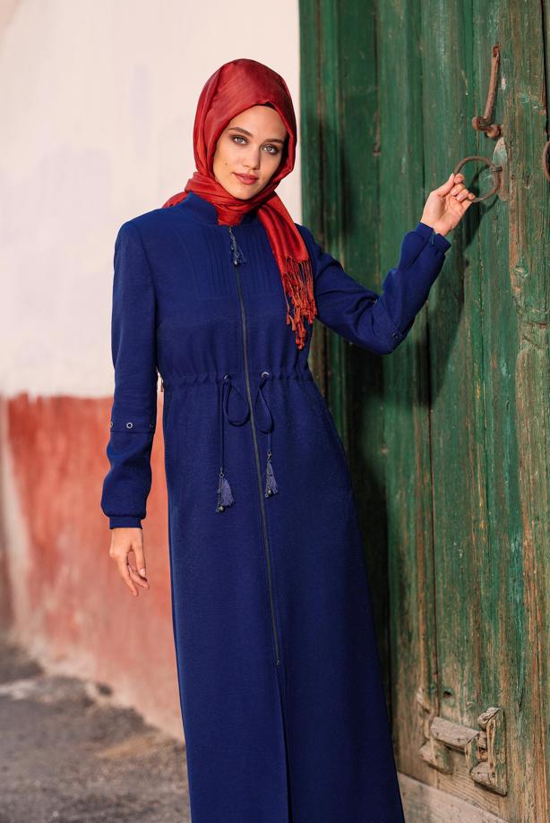 Tesettür giyim LACİVERT HAKİM YAKA FERMUARLI PARDESÜ 1344  - TRENDTESETTÜR