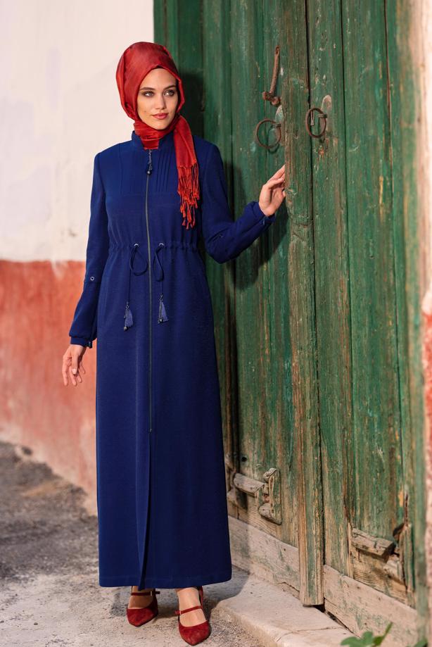 Tesettür giyim LACİVERT HAKİM YAKA FERMUARLI PARDESÜ 1344  - TRENDTESETTÜR