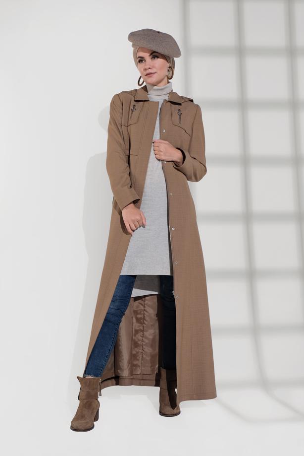 Tesettür giyim BEJ KAPÜŞONLU FERMUAR DETAYLI PARDESÜ 1349  - TRENDTESETTÜR