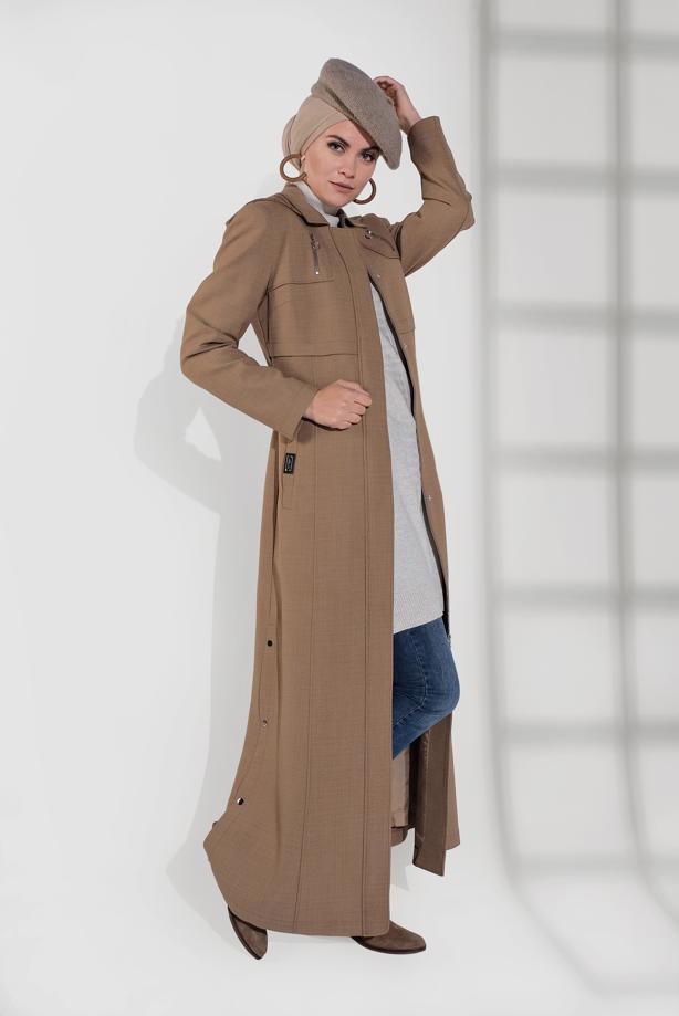 Tesettür giyim BEJ KAPÜŞONLU FERMUAR DETAYLI PARDESÜ 1349  - TRENDTESETTÜR