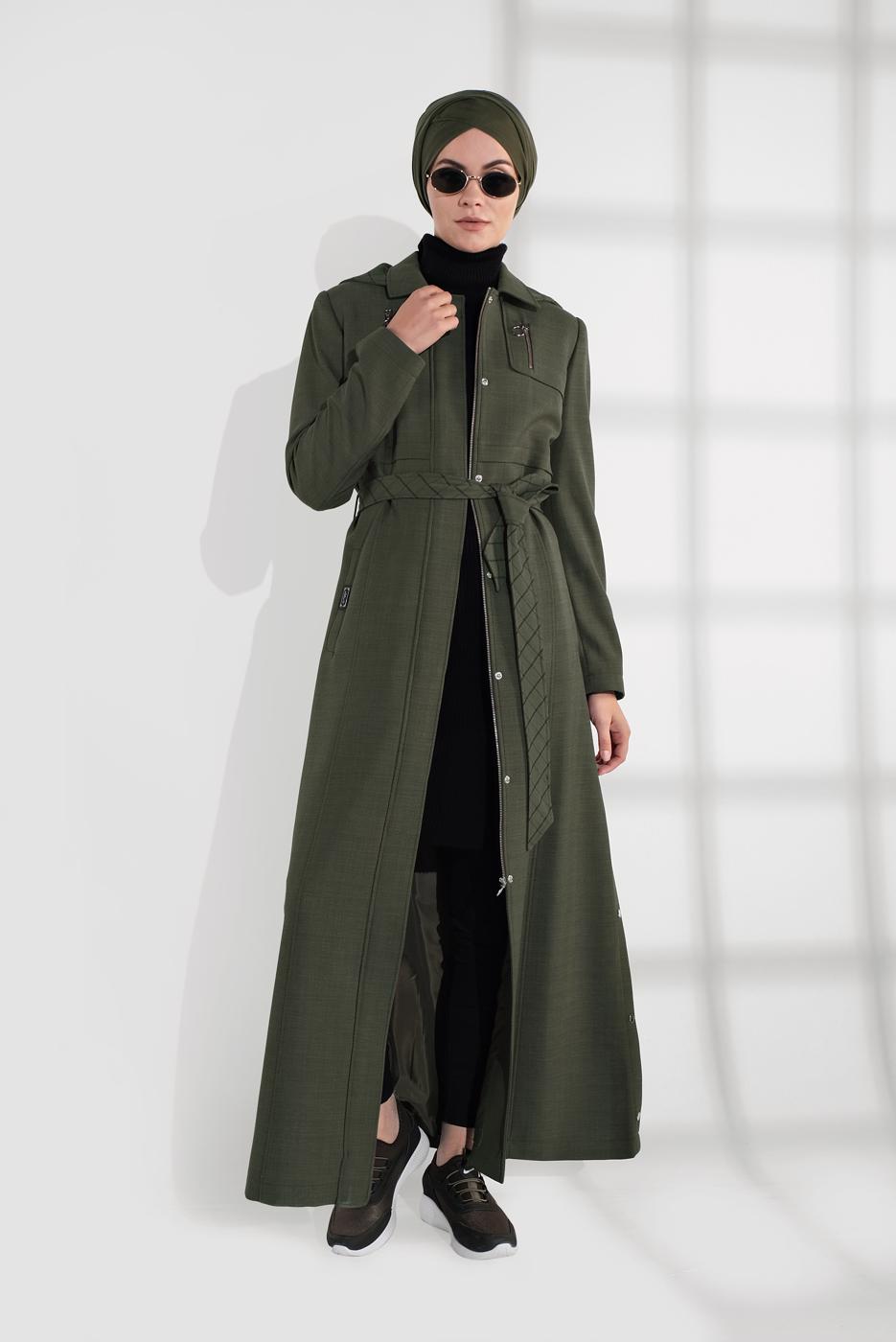 Tesettür giyim HAKİ KAPÜŞONLU FERMUAR DETAYLI PARDESÜ 1349 