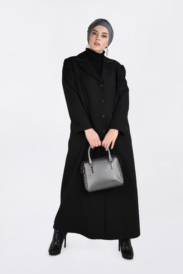 Vêtements hijab NOIR PARDESSUS À BOUTONNÉ AVEC POCHES  1352  - TRENDTESETTÜR