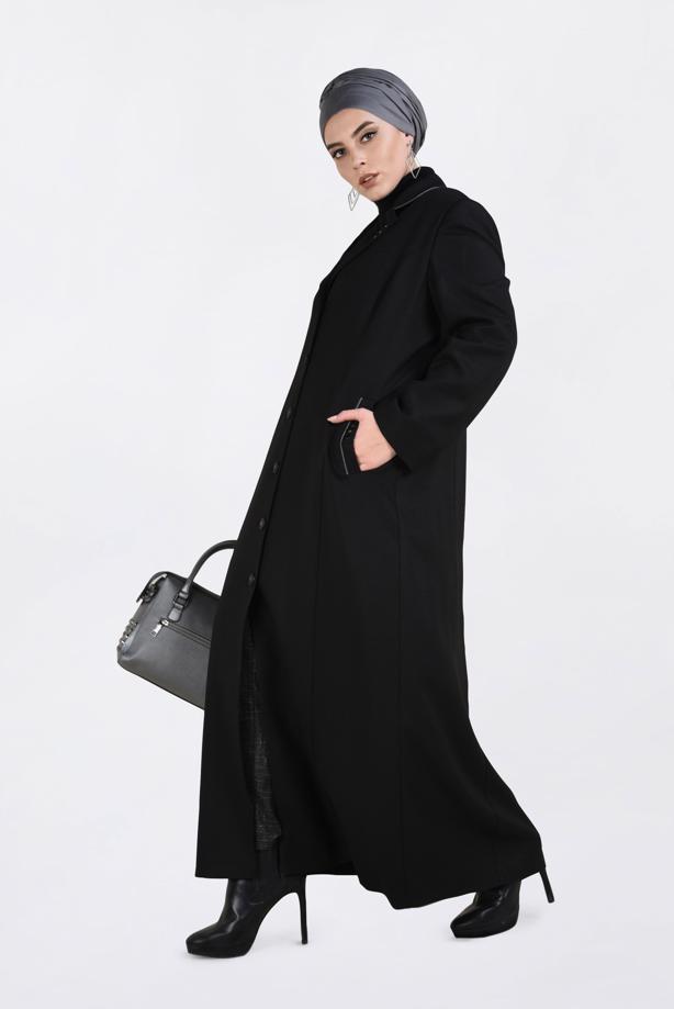 Vêtements hijab NOIR PARDESSUS À BOUTONNÉ AVEC POCHES  1352  - TRENDTESETTÜR