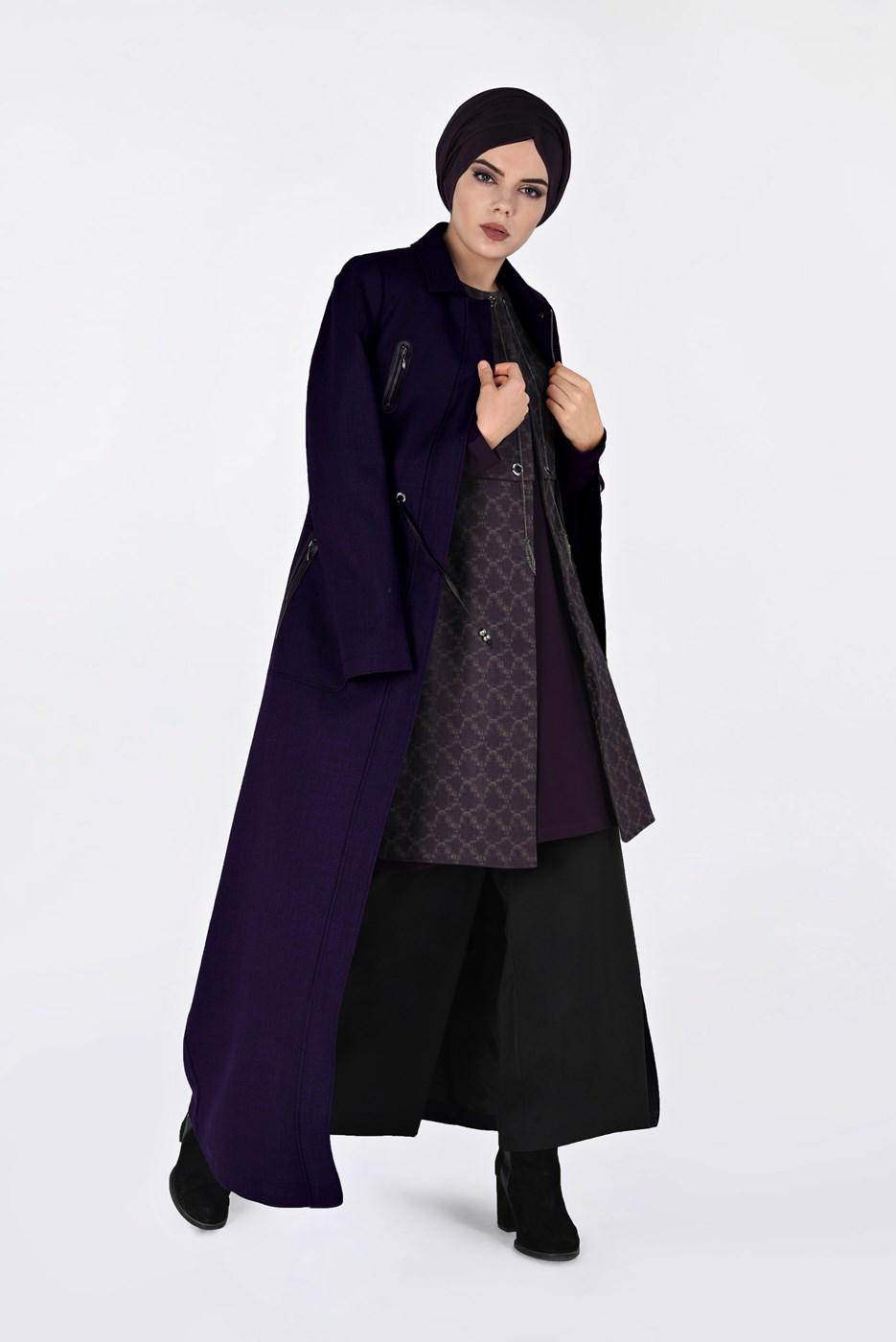 Tesettür giyim MOR BELİ BÜZGÜ DETAYLI GİZLİ FERMUARLI PARDESÜ 1355
