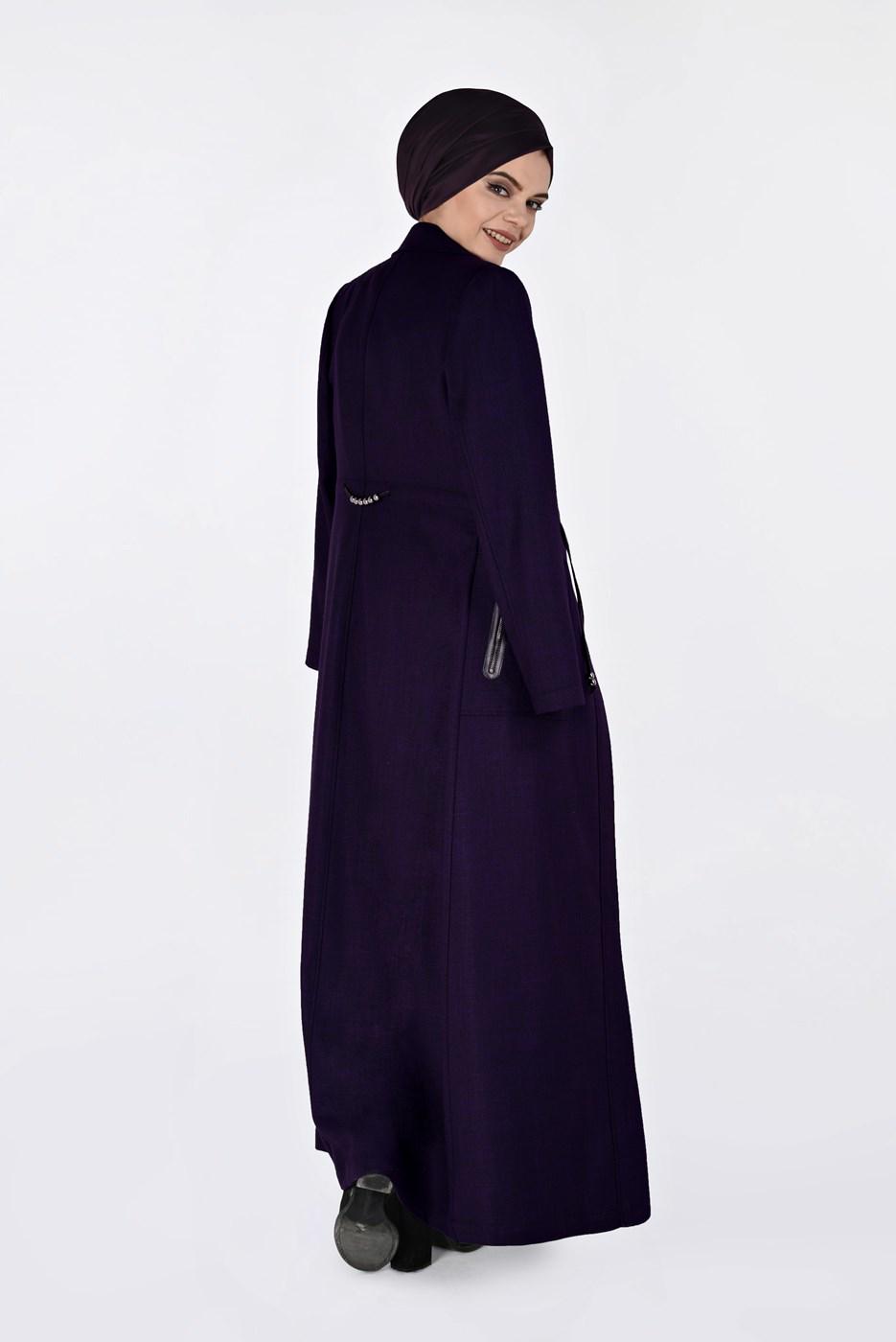 Tesettür giyim MOR BELİ BÜZGÜ DETAYLI GİZLİ FERMUARLI PARDESÜ 1355