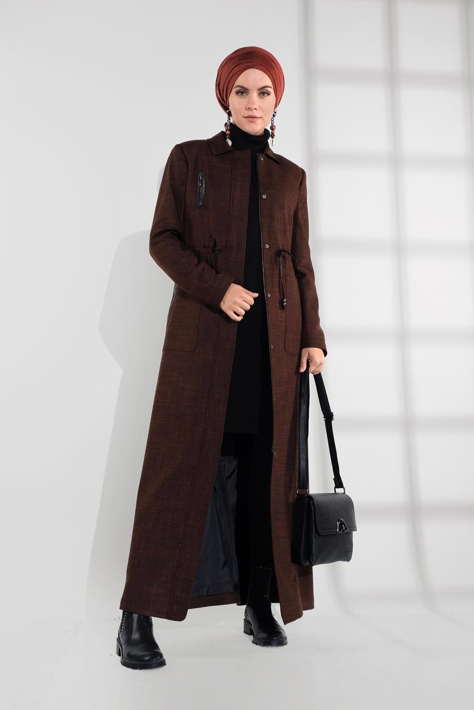 Hijab clothing BROWN SMOCKED-WAIST ZIPPED TOPCOAT 1355 