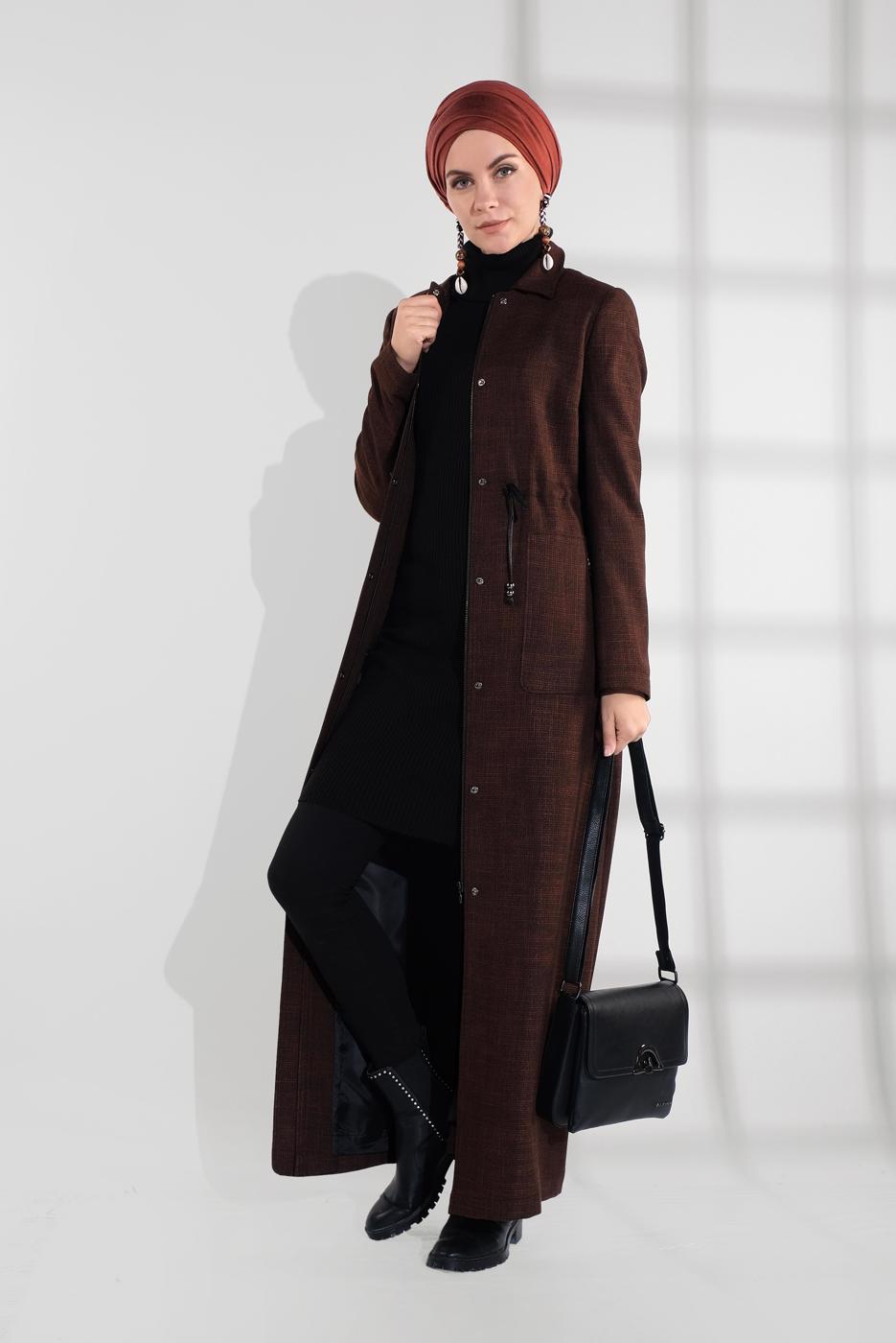 Hijab clothing BROWN SMOCKED-WAIST ZIPPED TOPCOAT 1355 
