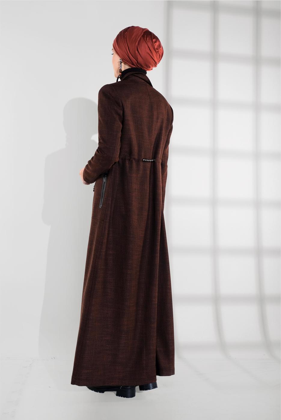 Hijab clothing BROWN SMOCKED-WAIST ZIPPED TOPCOAT 1355 