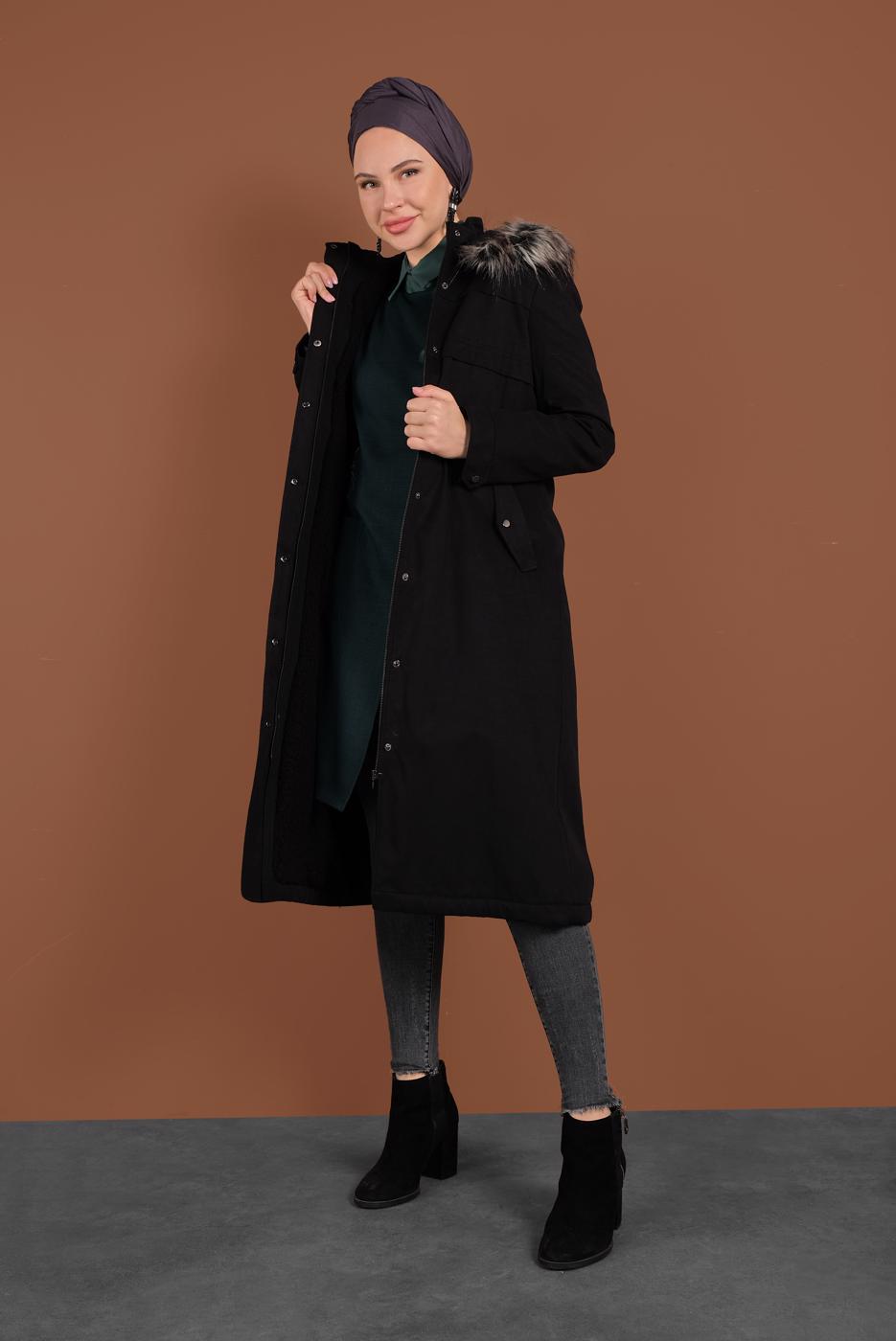 Hijab clothing BLACK HOODED FUR PARKA 9761 