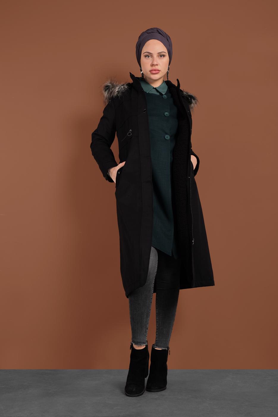 Hijab clothing BLACK HOODED FUR PARKA 9761 