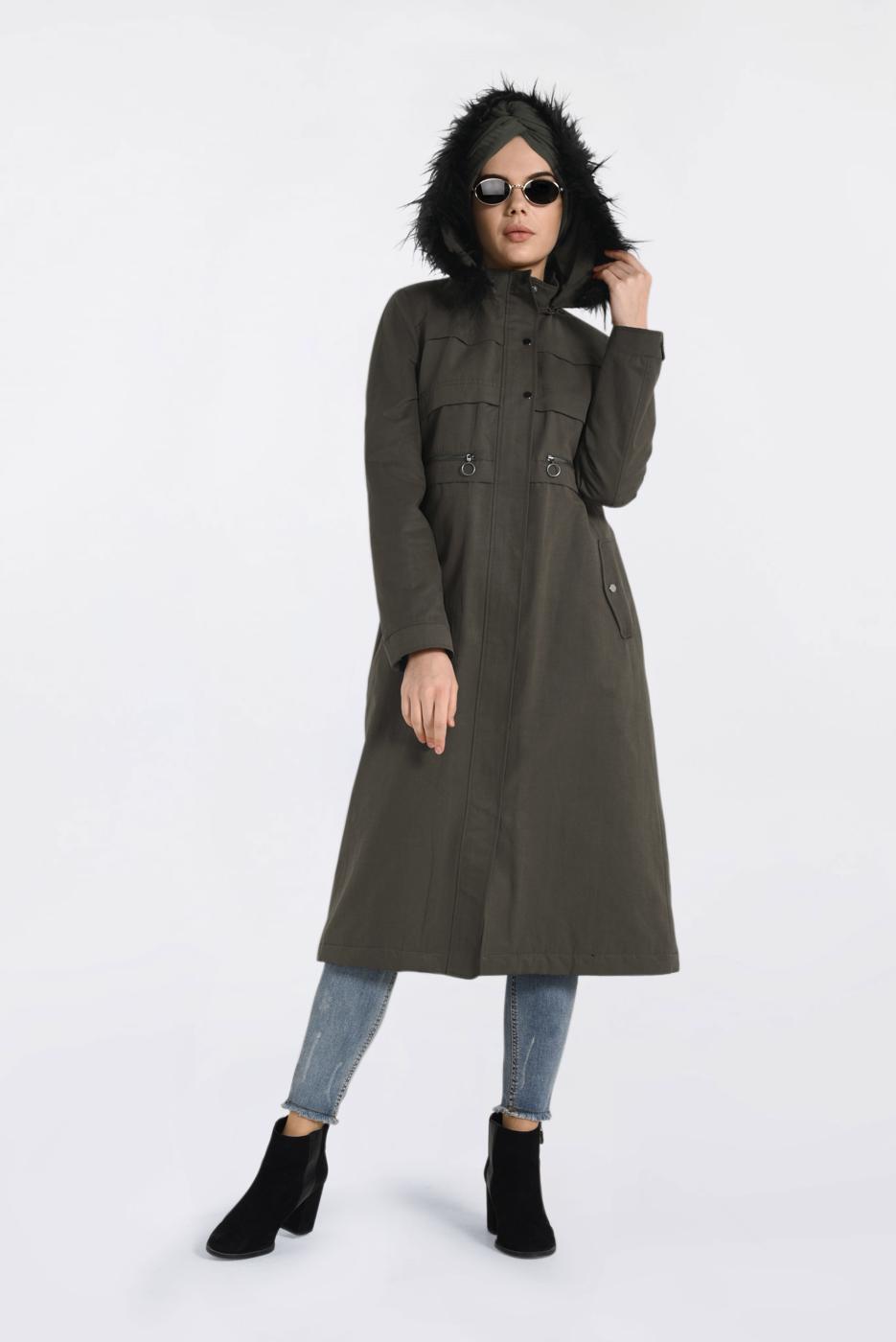 Tesettür giyim HAKİ KAPÜŞONU KÜRKLÜ ÇITÇITLI PARKA 9761