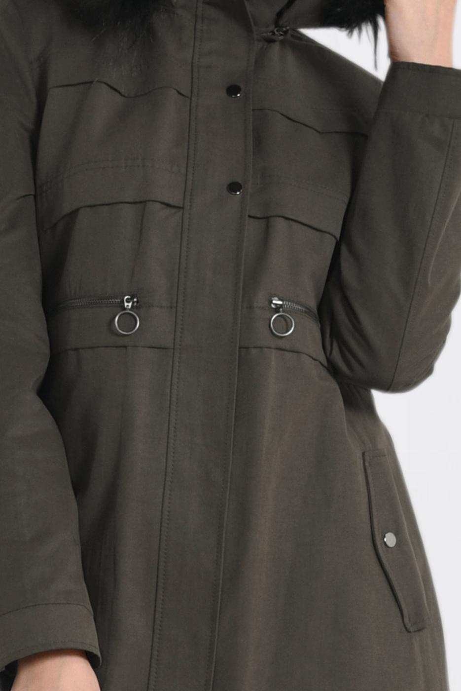 Tesettür giyim HAKİ KAPÜŞONU KÜRKLÜ ÇITÇITLI PARKA 9761