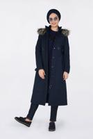 Tesettür giyim LACİVERT KAPÜŞONU KÜRKLÜ ÇITÇITLI PARKA 9761