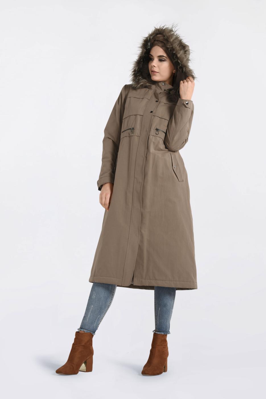 Tesettür giyim KAHVE KAPÜŞONU KÜRKLÜ ÇITÇITLI PARKA 9761