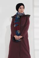 Tesettür giyim BORDO KAPÜŞONU KÜRKLÜ ÇITÇITLI PARKA 9761