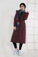 Tesettür giyim BORDO KAPÜŞONU KÜRKLÜ ÇITÇITLI PARKA 9761