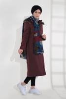 Tesettür giyim BORDO KAPÜŞONU KÜRKLÜ ÇITÇITLI PARKA 9761