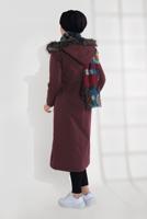 Tesettür giyim BORDO KAPÜŞONU KÜRKLÜ ÇITÇITLI PARKA 9761
