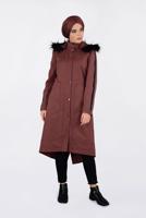 Tesettür giyim KAHVE KAPÜŞONU KÜRKLÜ KOLLARI FERMUAR DETAYLI PARKA 9775