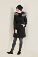 Tesettür giyim SİYAH BELİ BÜZGÜLÜ KAPÜŞONLU PARKA 9779 