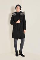Tesettür giyim SİYAH BELİ BÜZGÜLÜ KAPÜŞONLU PARKA 9779 