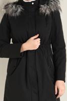 Tesettür giyim SİYAH BELİ BÜZGÜLÜ KAPÜŞONLU PARKA 9779 