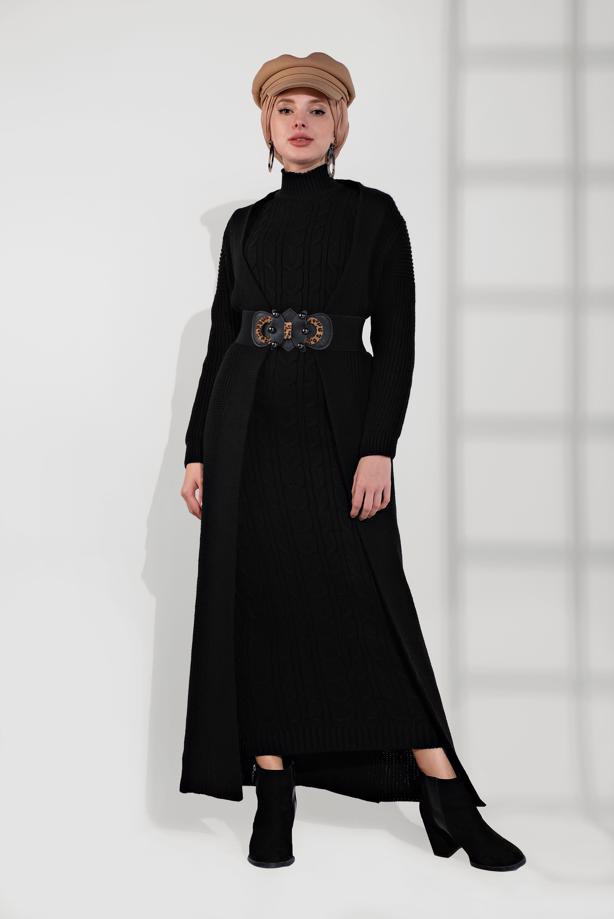 Tesettür giyim SİYAH ÖRGÜ DESENLİ TRİKO ELBİSELİ TAKIM T 0501 - TRENDTESETTÜR