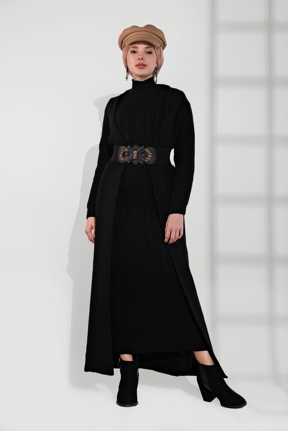 Tesettür giyim SİYAH ÖRGÜ DESENLİ TRİKO ELBİSELİ TAKIM T 0501