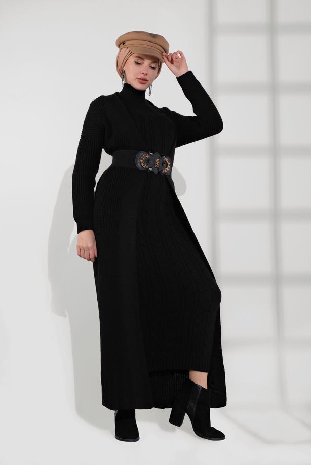 Tesettür giyim SİYAH ÖRGÜ DESENLİ TRİKO ELBİSELİ TAKIM T 0501 - TRENDTESETTÜR
