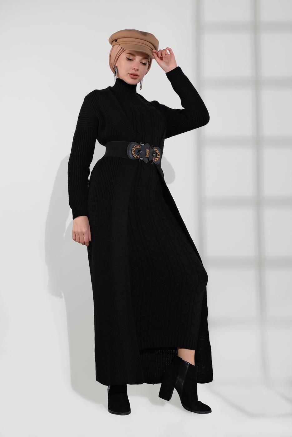 Tesettür giyim SİYAH ÖRGÜ DESENLİ TRİKO ELBİSELİ TAKIM T 0501