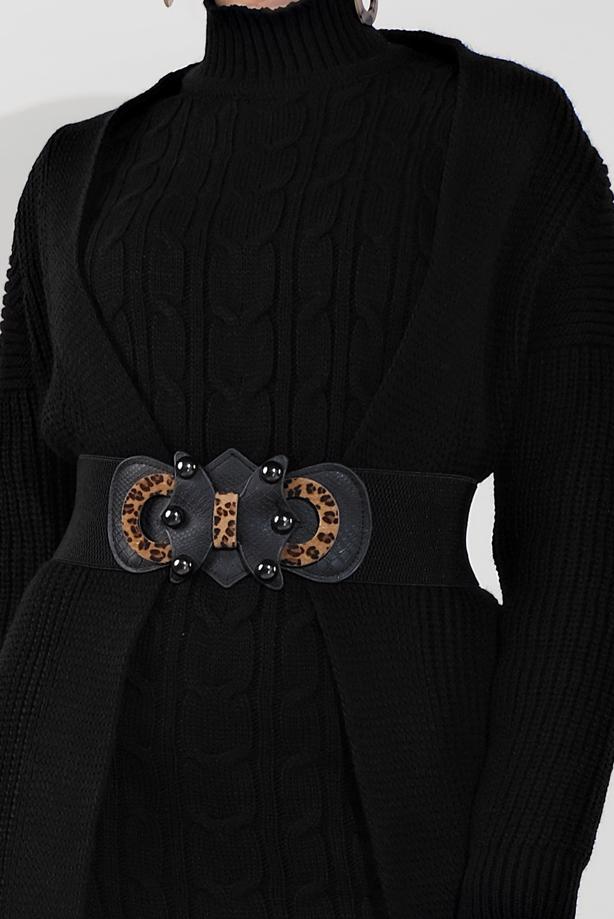 Tesettür giyim SİYAH ÖRGÜ DESENLİ TRİKO ELBİSELİ TAKIM T 0501 - TRENDTESETTÜR