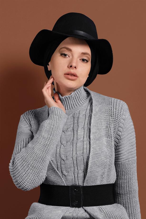 Tesettür giyim GRİ ÖRGÜ DESENLİ TRİKO ELBİSELİ TAKIM T 0501 - TRENDTESETTÜR