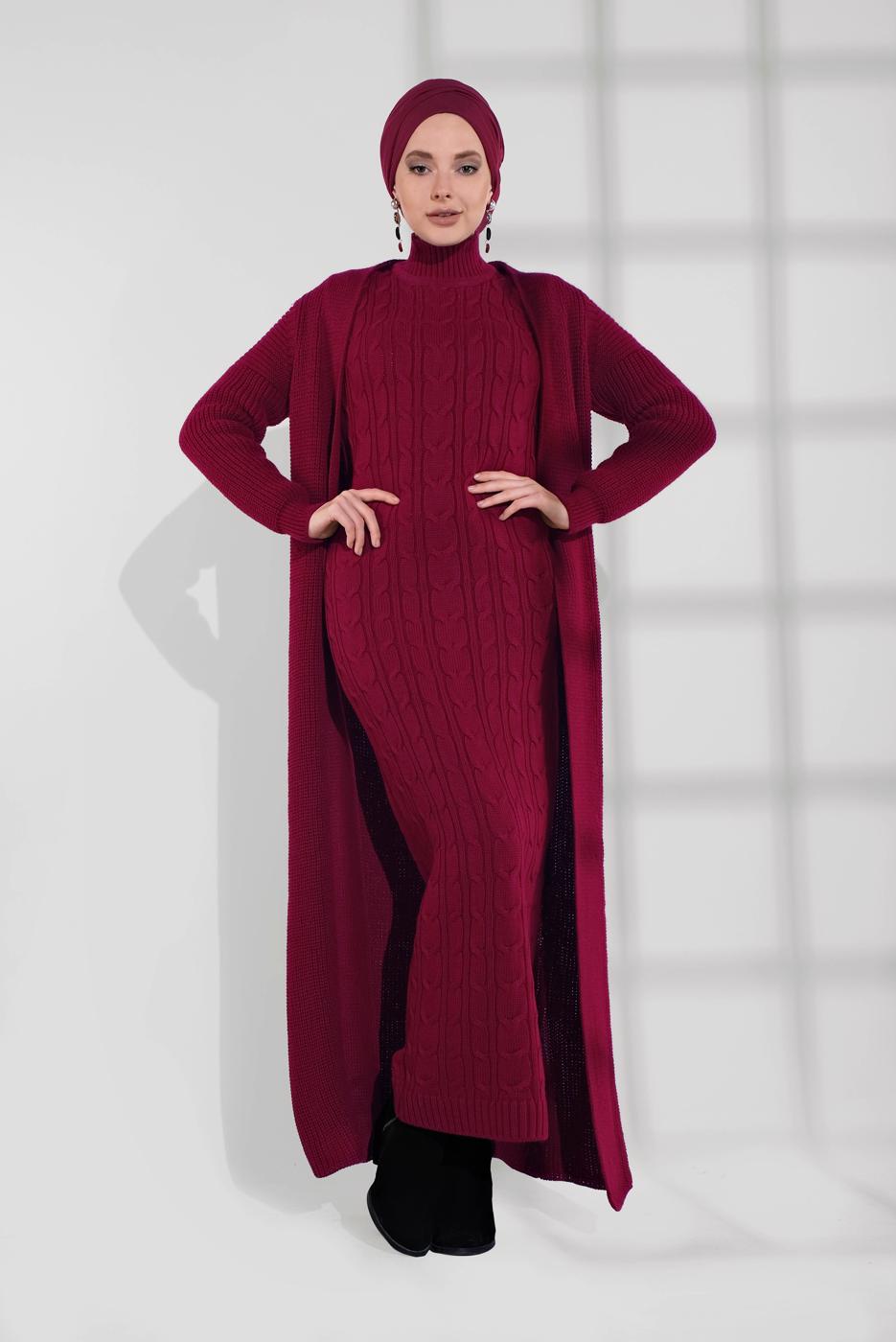 Tesettür giyim BORDO ÖRGÜ DESENLİ TRİKO ELBİSELİ TAKIM T 0501